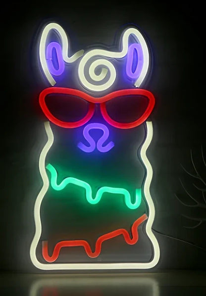 LED neon decorative light with acrylic back panel showing USB power connection and multiple design options
