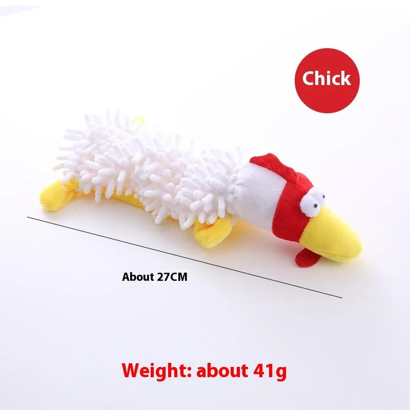 Plush horse molar dog toy in various animal colour designs including brown dog and yellow duck.