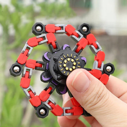 Transformable fidget spinner chain toy in various colors, including blue, red, and yellow, with a suction cup for hands-free spinning
