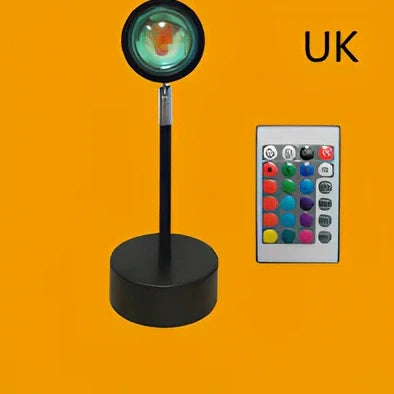 Rainbow sunset projector lamp with remote control showing colourful wall lighting effects