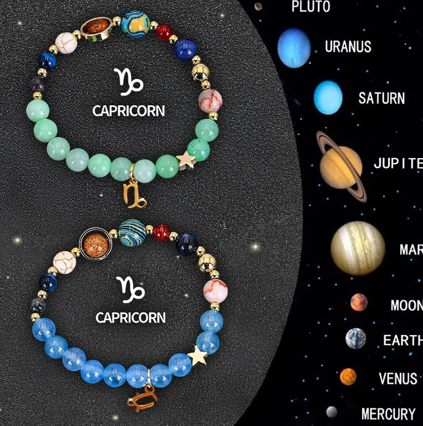 Two adjustable zodiac bracelets with natural stone beads and stainless steel charms showing 18-22cm circumference