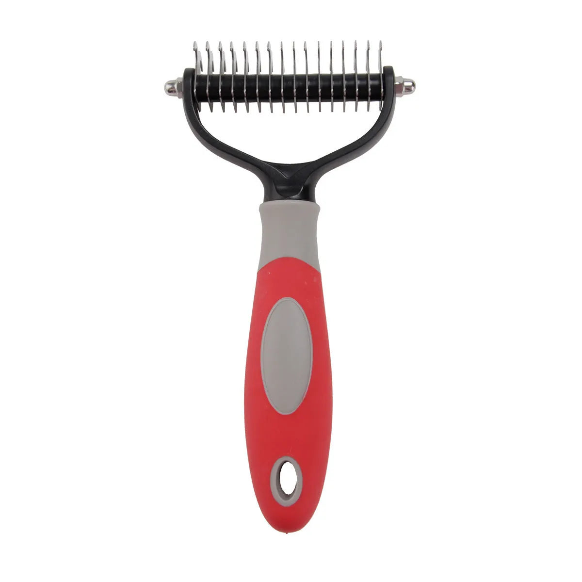 Dog grooming comb with plastic body and stainless steel teeth for knot opening and hair removal
