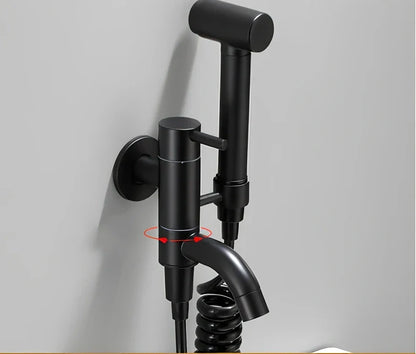 Single cold sink wall faucet with coiled telephone cord hose and push-type spray gun for mop pool installation