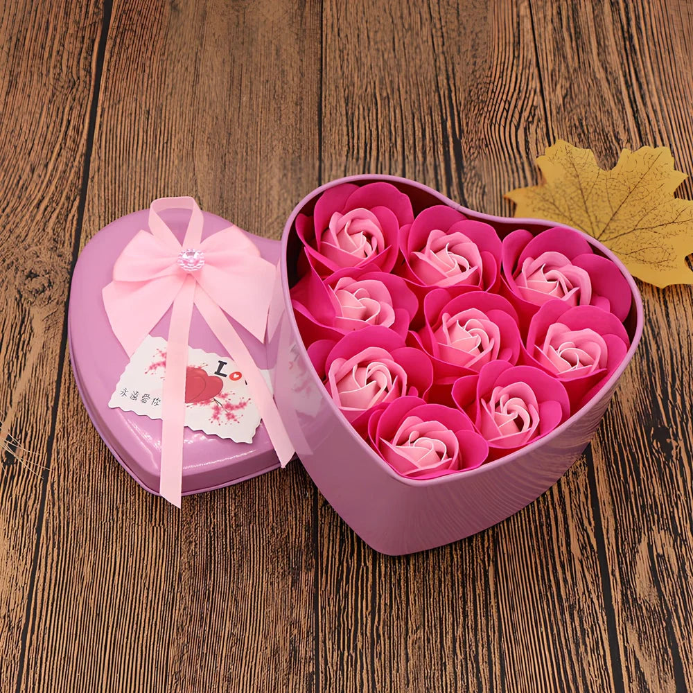 Handmade soap flower gift box in red heart-shaped tin with three blooms and bear, 12x12x5 cm for Valentine's Day