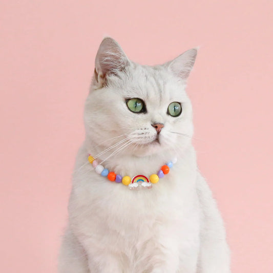 Colourful plastic bead cat necklace with adjustable clasp showing peach, rainbow, and small flower pattern options