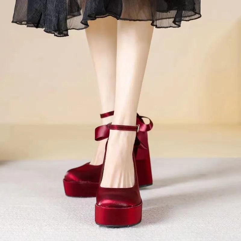 Women's waterproof platform wedding shoes with thick chunky heels in wine red colour with buckle detail
