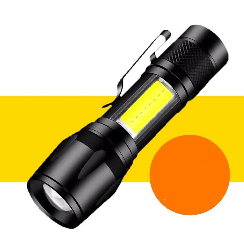 Black USB rechargeable LED flashlight with 10W output and aluminium alloy body, pocket-sized torch for hiking and camping.