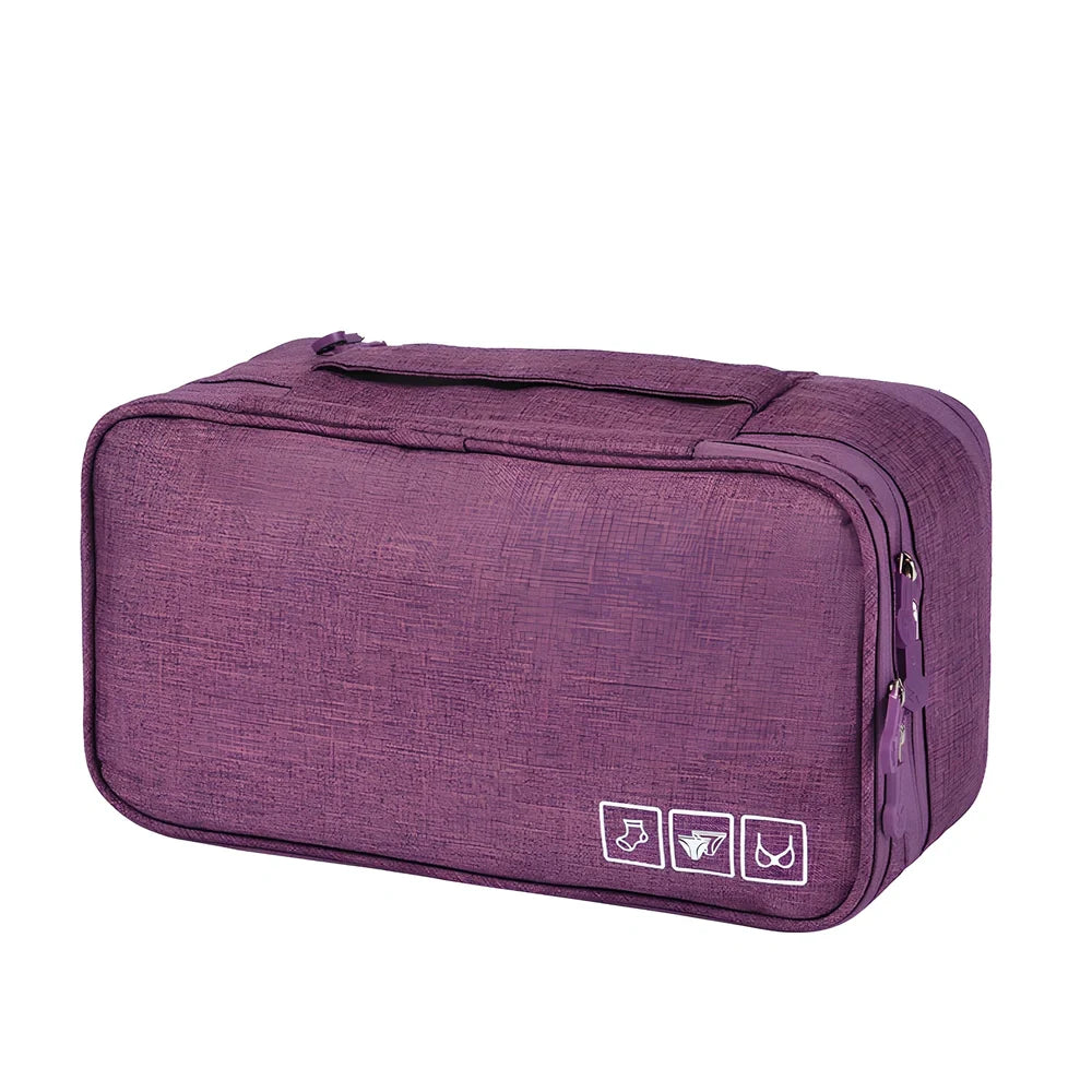 Purple cube-shaped bra storage bag with 3 internal shelves for organising underwear during travel