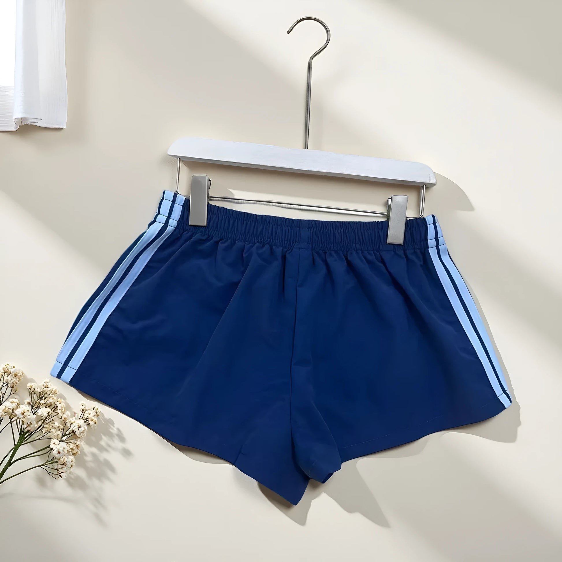 Men's navy blue nylon casual sports shorts with high waist design