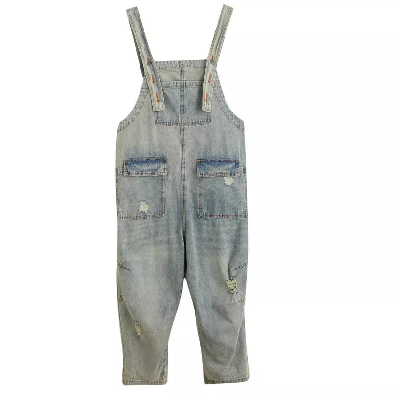 Women's light blue cotton retro ripped denim overalls with adjustable straps