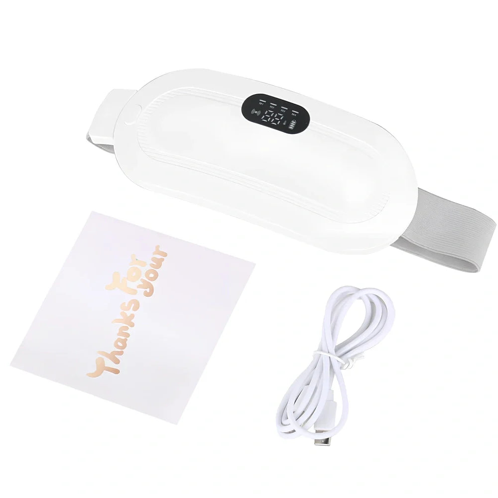 White electric heating belt with lumbar support showing USB connection and control buttons