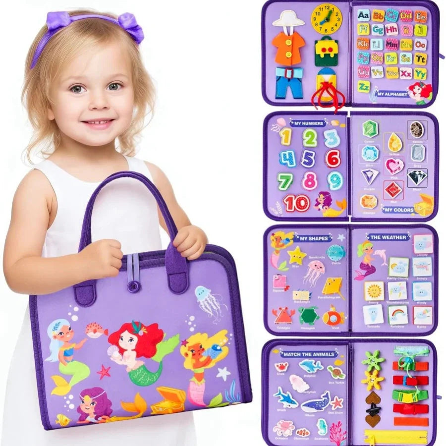 Children's busy board with dressing and buttoning features for early learning
