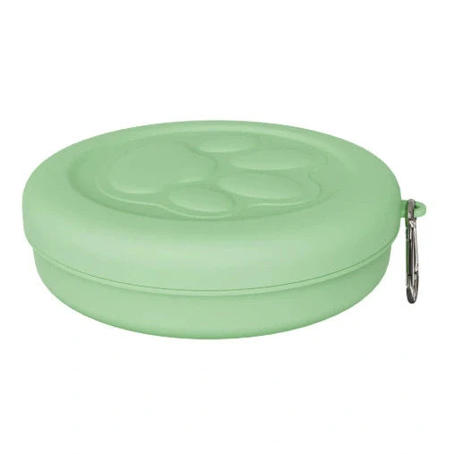 Collapsible dog food bowl showing expanded and folded positions with leak-proof silicone base