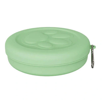 Collapsible dog food bowl showing expanded and folded positions with leak-proof silicone base