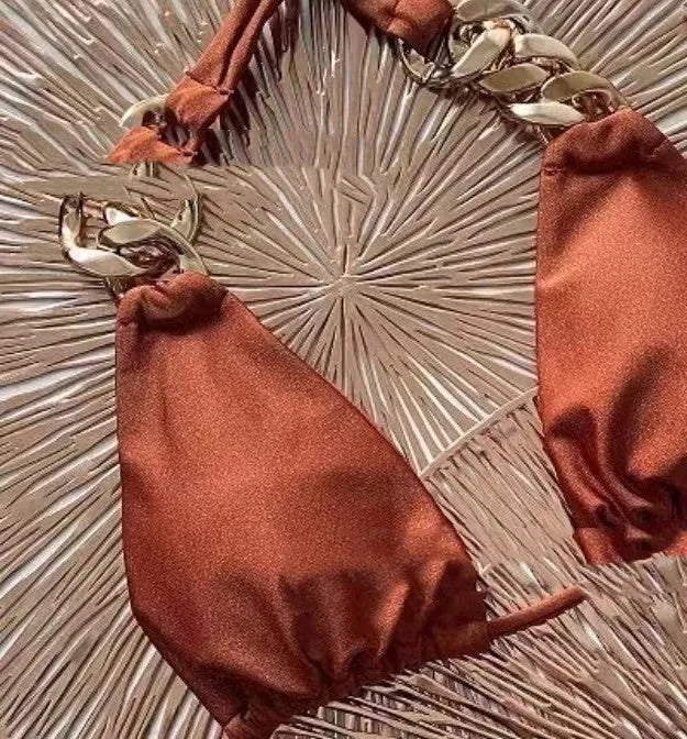 Brown tube-top push-up bikini swimsuit with ring tether detail and split style bottom for women's swimming