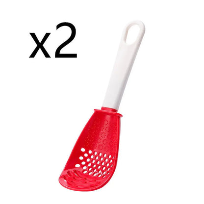 Red plastic multifunctional cooking spoon with serrated edge for grinding and half-enclosed scoop design
