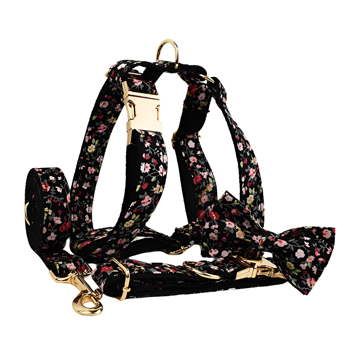 Cloth dog collar and leash set with matching vest and removable bow decoration in multiple size options