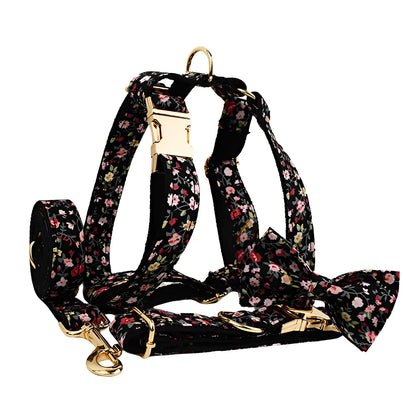 Cloth dog collar and leash set with matching vest and removable bow decoration in multiple size options