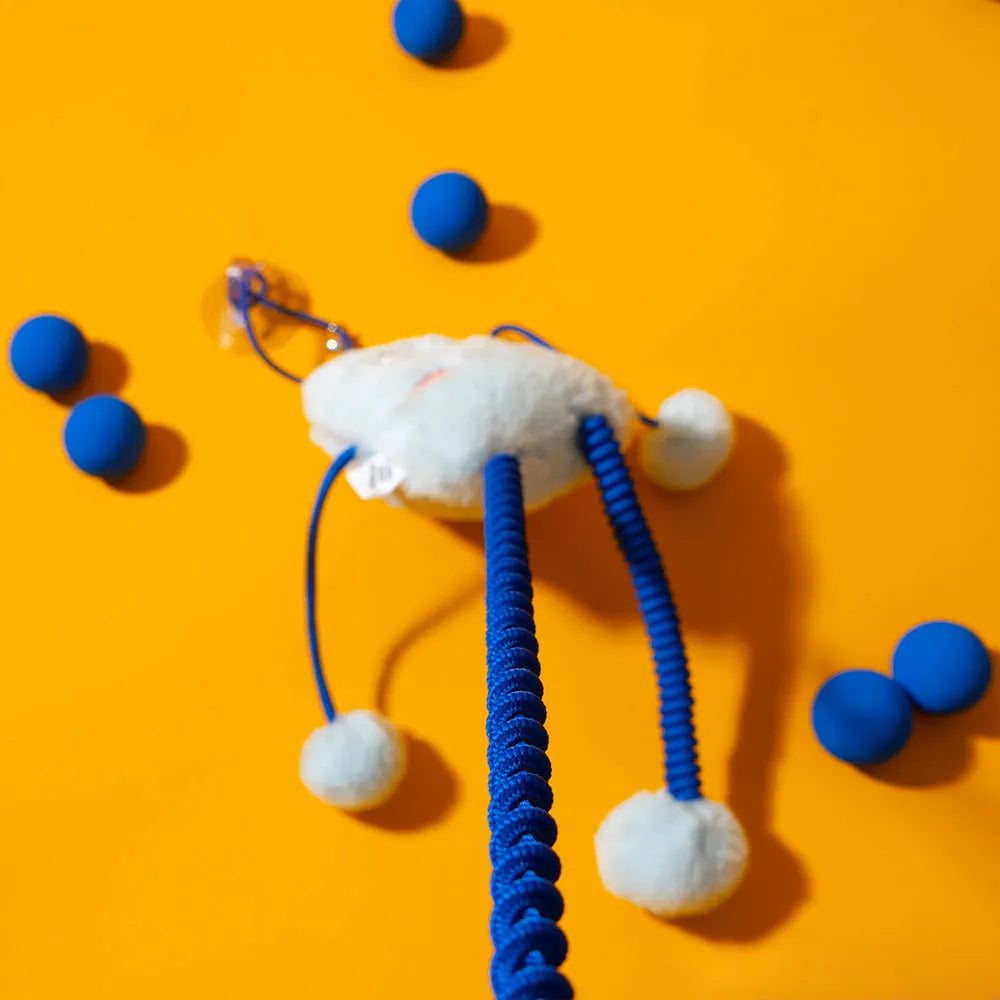 Blue telescopic elastic cat toy with plush mint bell ring measuring 30x30 cm