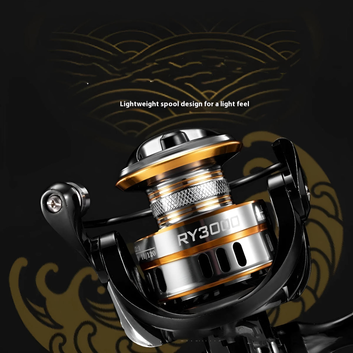 All-metal spinning fishing reel with EVA handle grip, shown in RY series sizes for fishing.