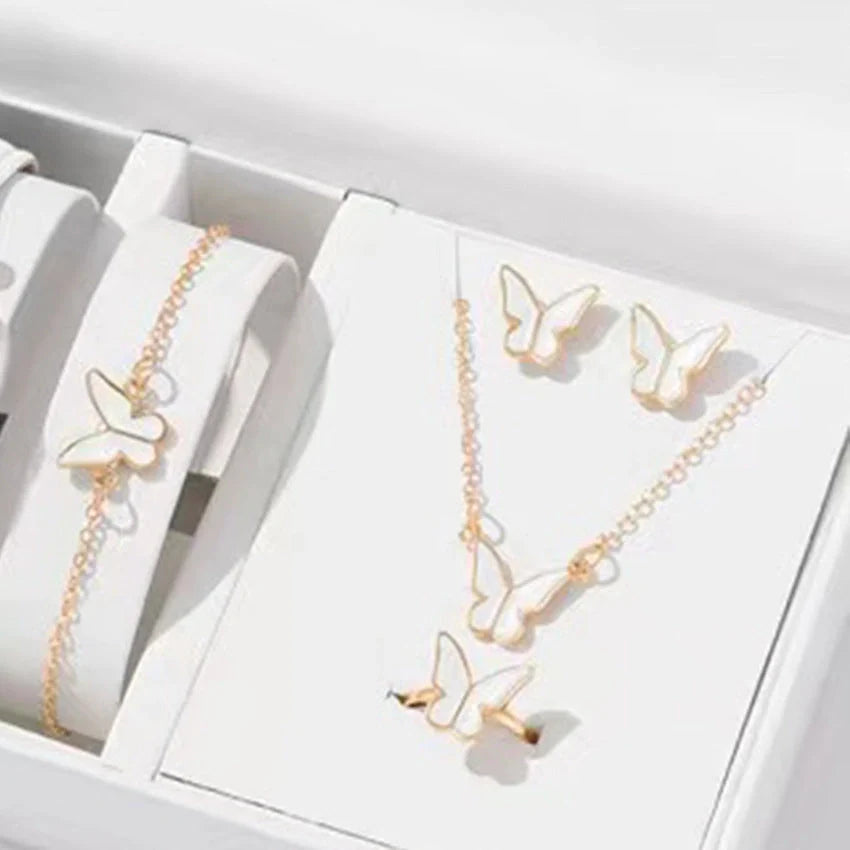 5-piece butterfly jewelry set for women, including necklace, earrings, ring, and bracelet