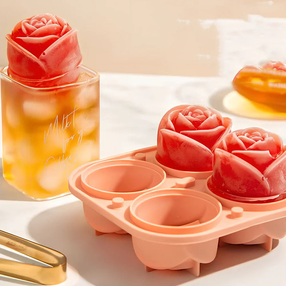 Orange silicone ice mould with 2.5-inch rose shapes and built-in filling funnel