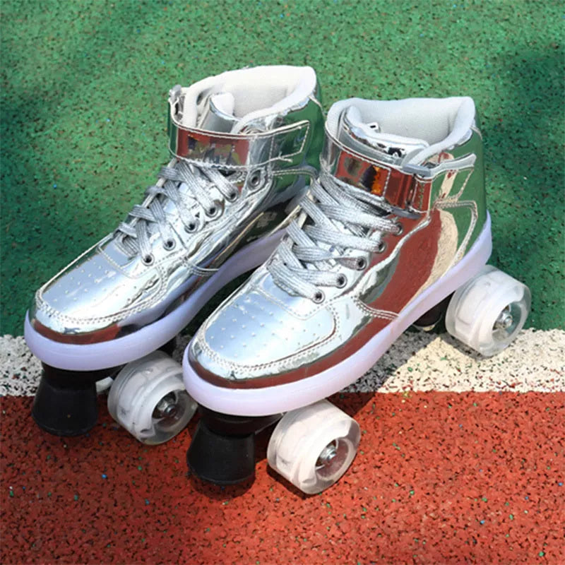 Double roller skates with flashing wheels in pink, golden, and silver options