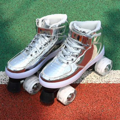 Double roller skates with flashing wheels in pink, golden, and silver options
