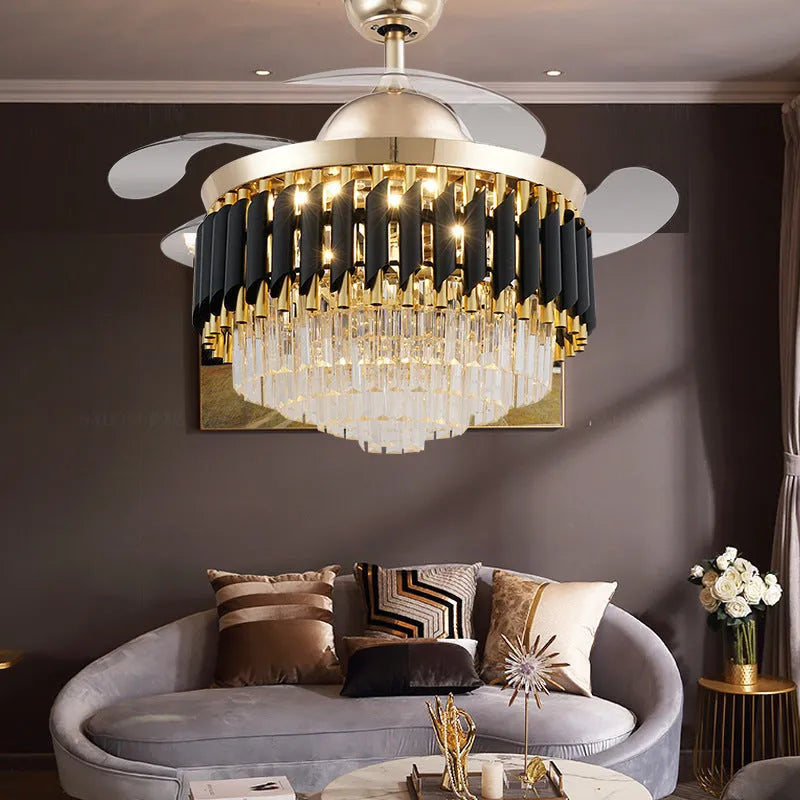 LED ceiling fan light with frequency conversion and crystal chandelier design, available in 42-inch (106cm) and 48-inch (120cm) sizes with remote control for living room or bedroom use.