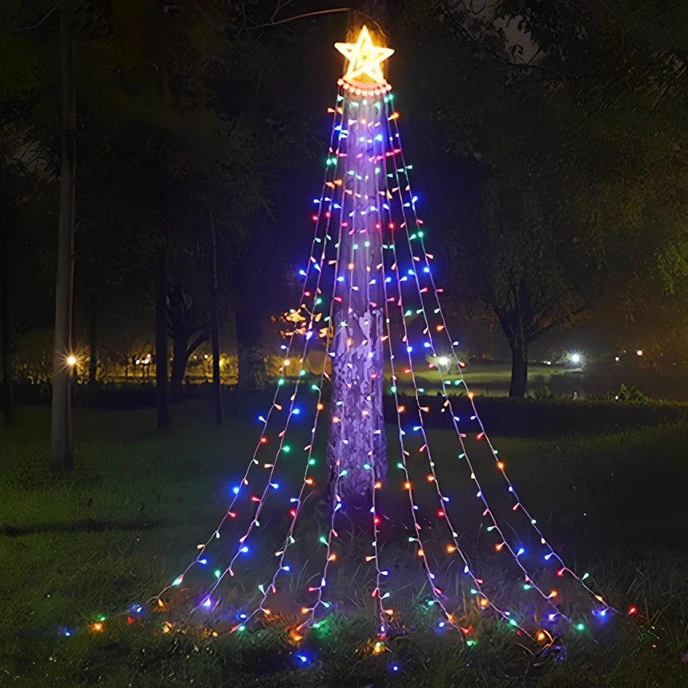 LED five-pointed star waterfall light, 1000mm length with 1000 lumens warm white glow for outdoor courtyard decoration, IP44 rated