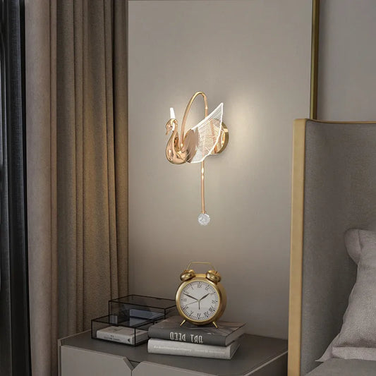 Modern swan-shaped wall lamp with iron body and acrylic shade, featuring adjustable LED lighting