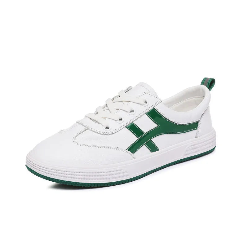 Korean style casual sneakers with elastic bands, cowhide upper and round toe in white or black
