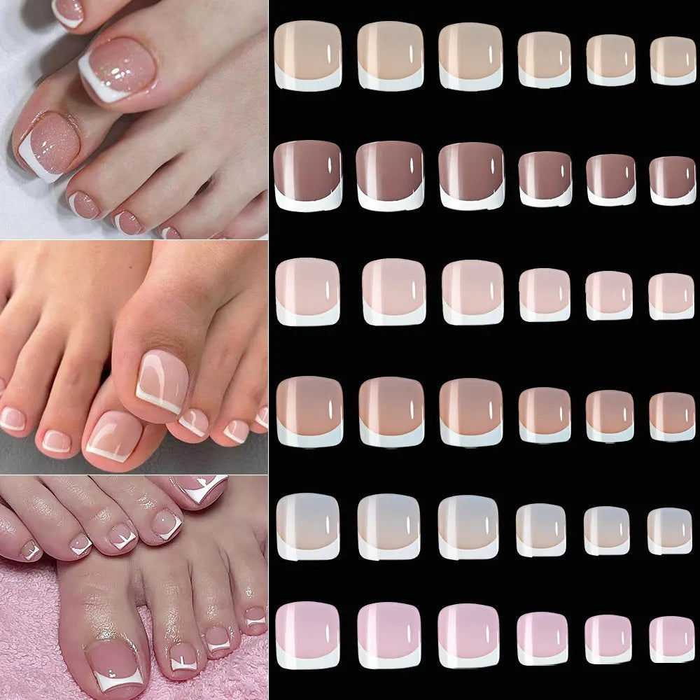 Box of 120 full square short artificial nail tips with French white edges in multiple nude shades.