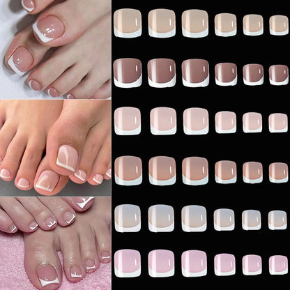 Box of 120 full square short artificial nail tips with French white edges in multiple nude shades.