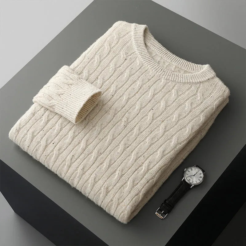 Men's twist round neck wool pullover sweater in white and gray, loose fit, long sleeves, sizes S to 3XL