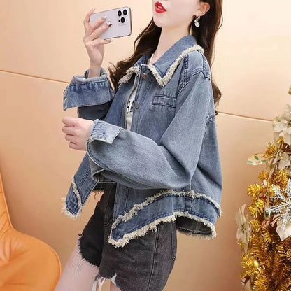 Blue short petite denim jacket with chenille fabric and long sleeves for women