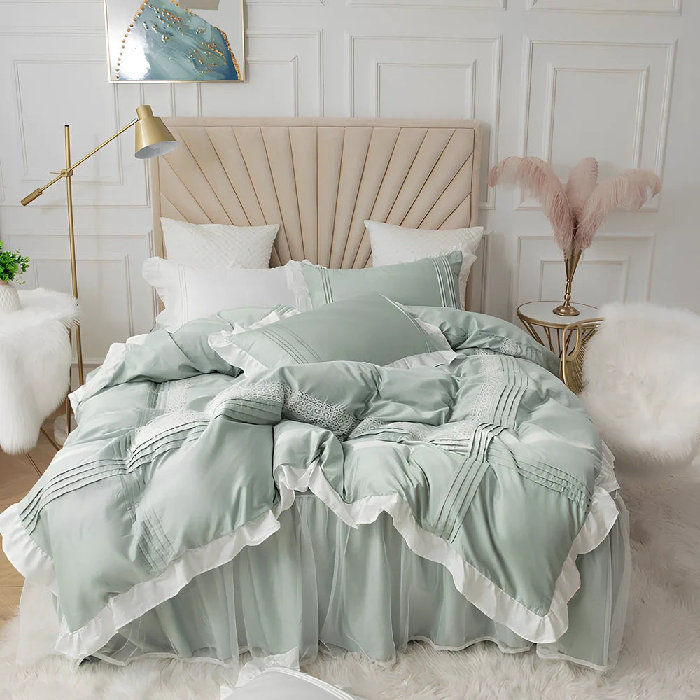 Korean princess style lace bed skirt four-piece quilt cover set in 99% cotton, 200x230cm for 1.5m bed