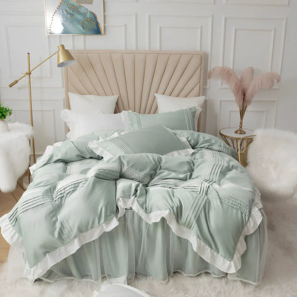 Korean princess style lace bed skirt four-piece quilt cover set in 99% cotton, 200x230cm for 1.5m bed