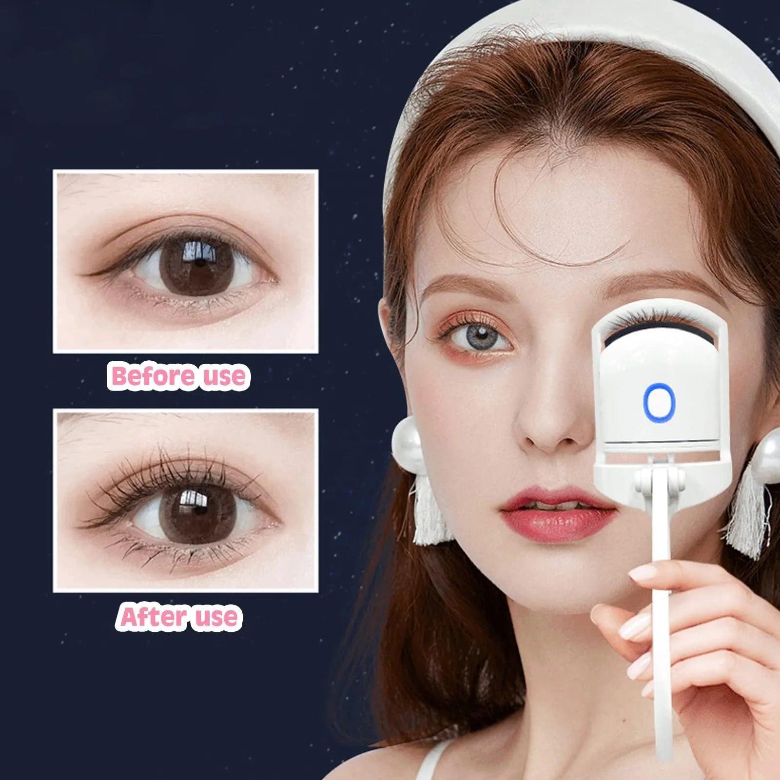 Pink heated electric eyelash curler with USB charging port and curved design with silicone pads