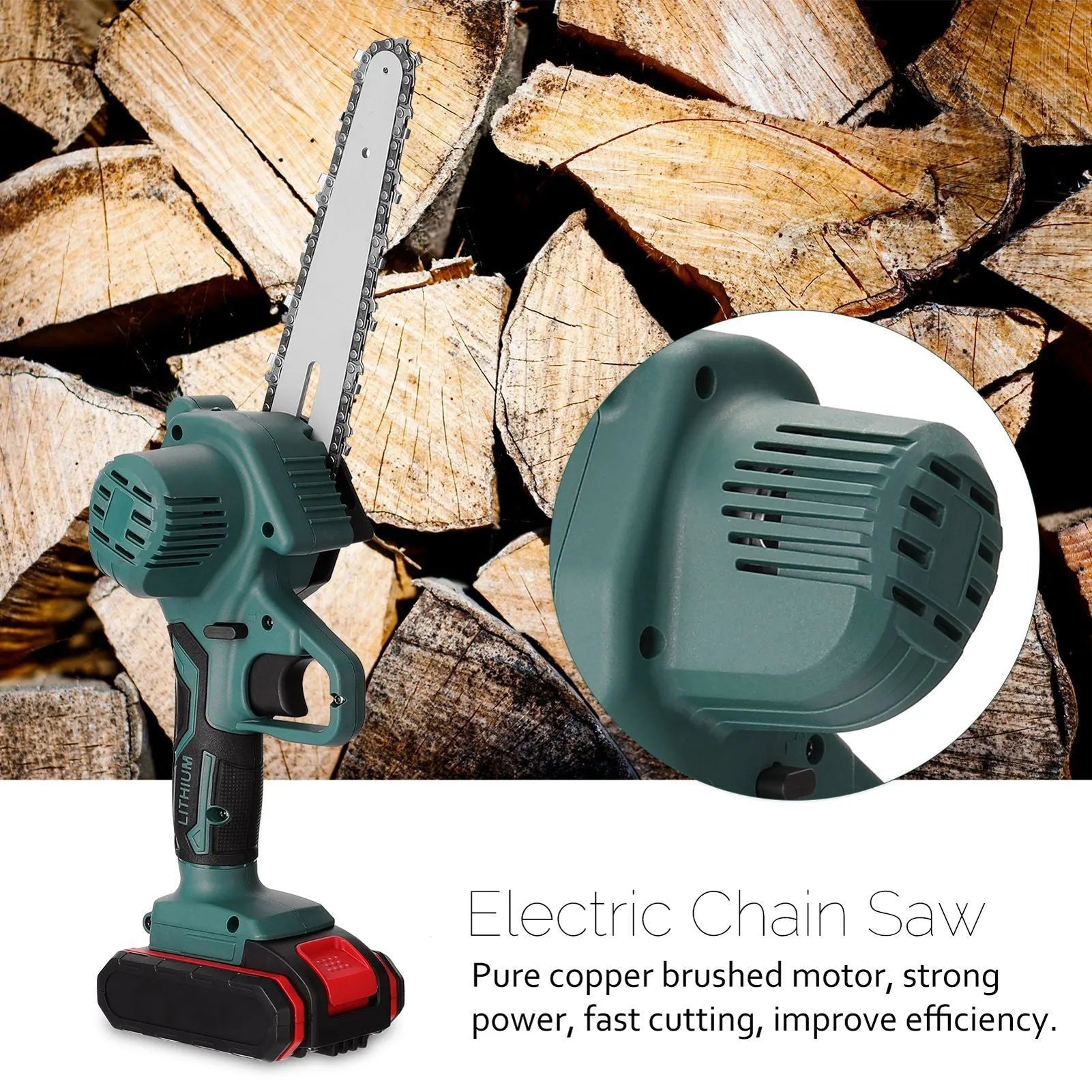 Black one-hand electric chainsaw with 4-inch cutting bar and lithium battery for garden log cutting