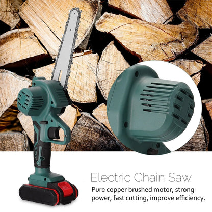 Black one-hand electric chainsaw with 4-inch cutting bar and lithium battery for garden log cutting