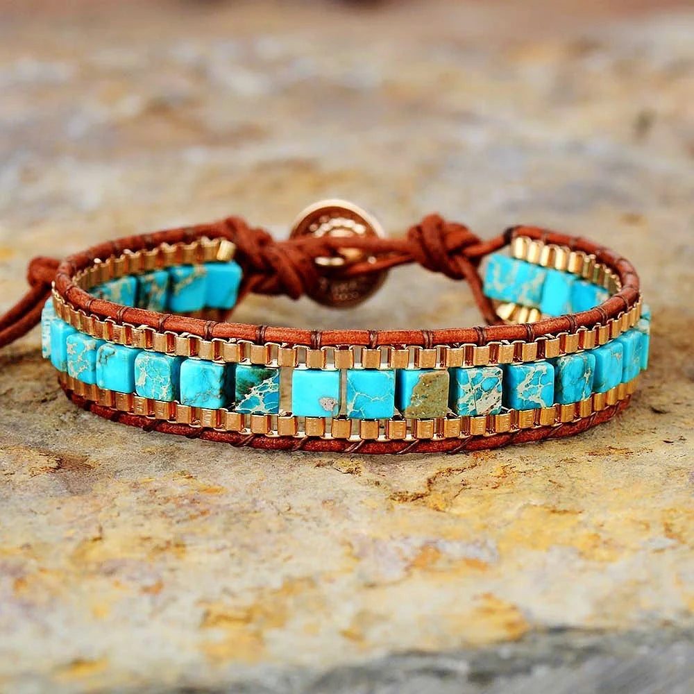 Handcrafted leather bracelet with a geometric pattern, showcasing a versatile and stylish accessory for any occasion.