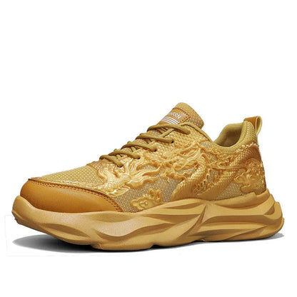 Chinese Loong breathable Fly Knit casual sneakers in four dragon colourways on a rubber sole.