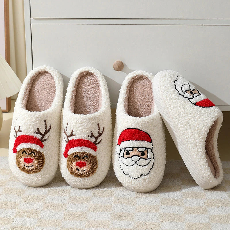 Cozy Christmas slippers in festive designs of Santa Claus, Moose, and Gingerbread Man