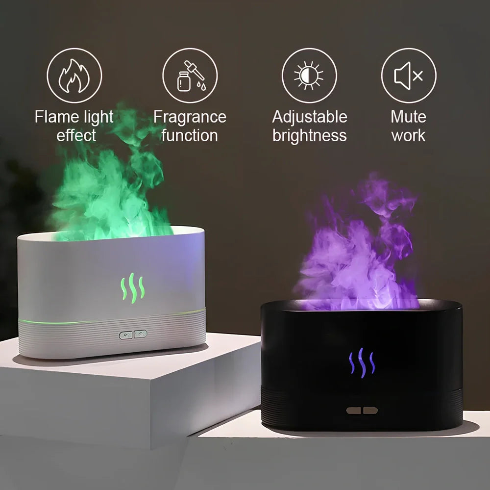 USB ultrasonic flame humidifier with colour-changing LED flame effect and mist output