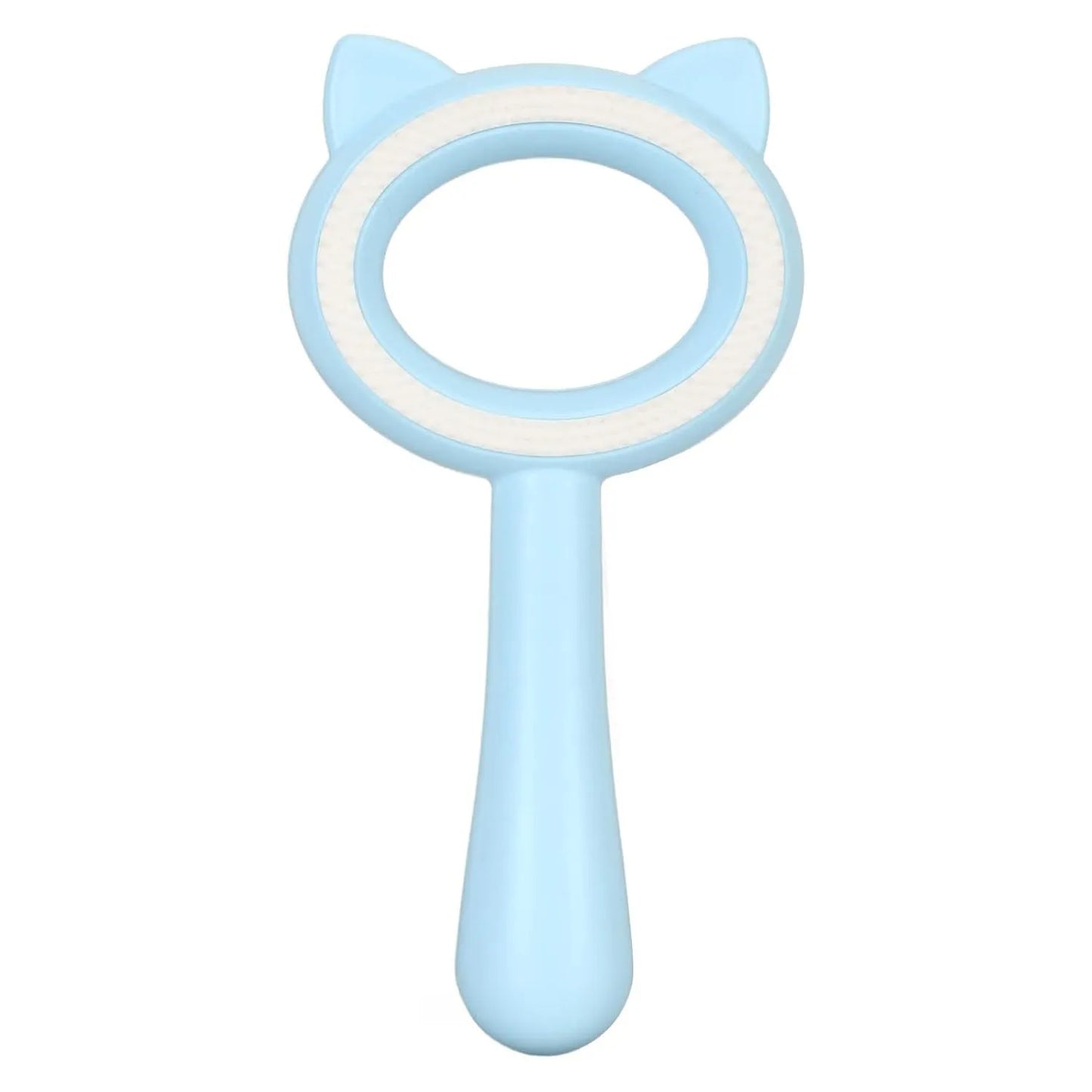 Blue and white dual-sided pet grooming brush with an ergonomic handle for cats and dogs.