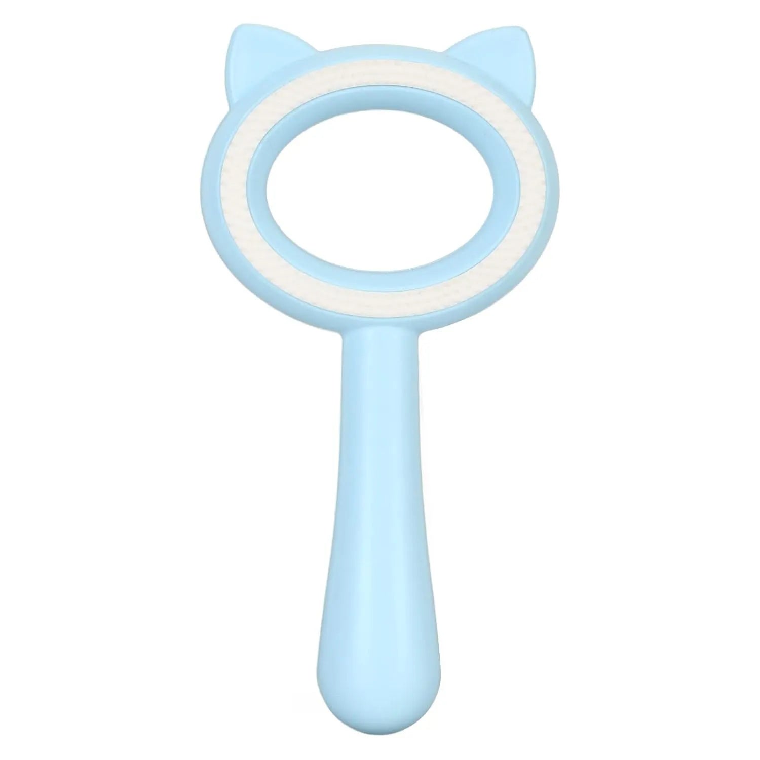 Blue and white dual-sided pet grooming brush with an ergonomic handle for cats and dogs.