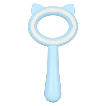 Blue and white dual-sided pet grooming brush with an ergonomic handle for cats and dogs.