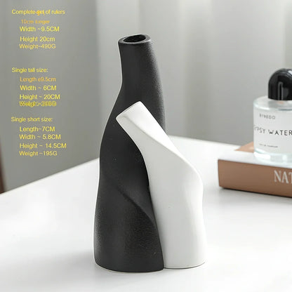 Nordic double shaped ceramic vase set in cream colour on wooden shelf, 20-25cm height for home decoration