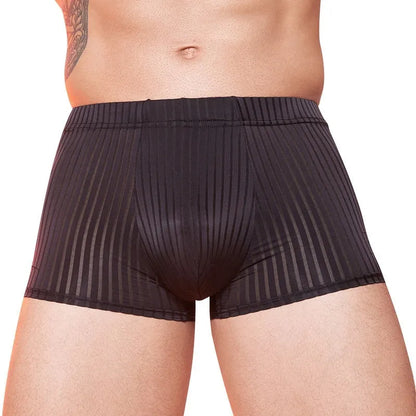 Men's striped underwear in black, white, or dark grey with thin nylon fabric and free size fit